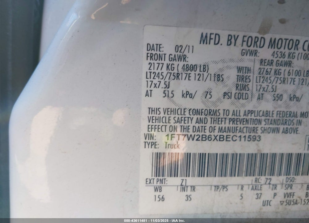 2011 FORD F-250 XLT VIN: 1FT7W2B6XBEC11593