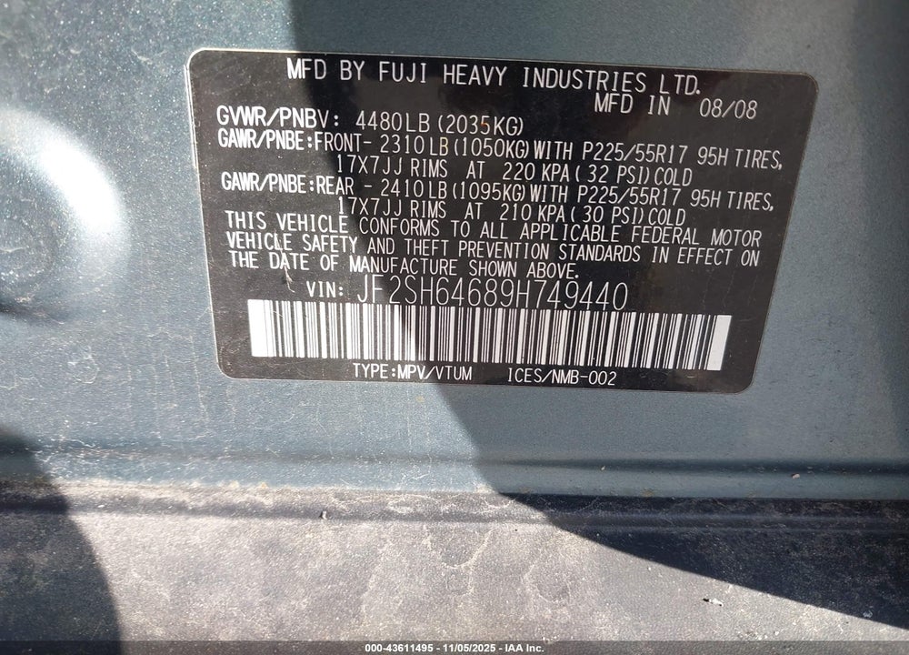 2009 SUBARU FORESTER VIN: JF2SH64689H749440
