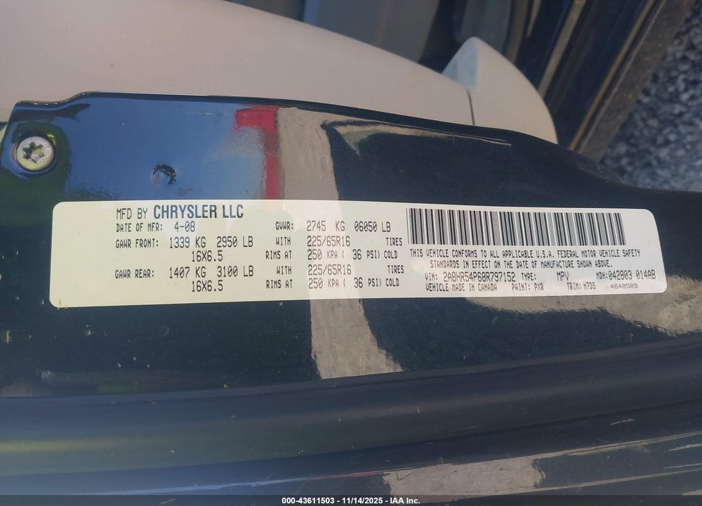 2008 CHRYSLER TOWN & COUNTRY TOURING VIN: 2A8HR54P68R797152