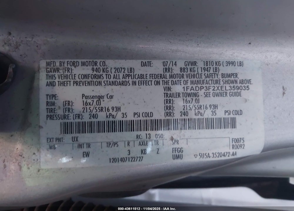 2014 FORD FOCUS SE VIN: 1FADP3F2XEL359035