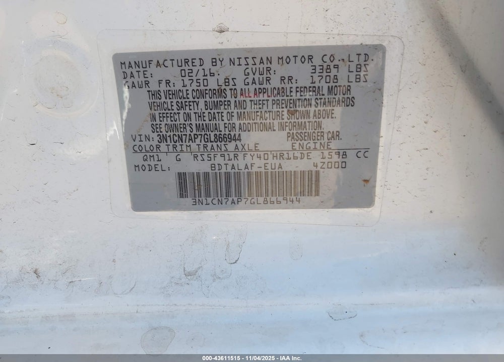 2016 NISSAN VERSA VIN: 3N1CN7AP7GL866944