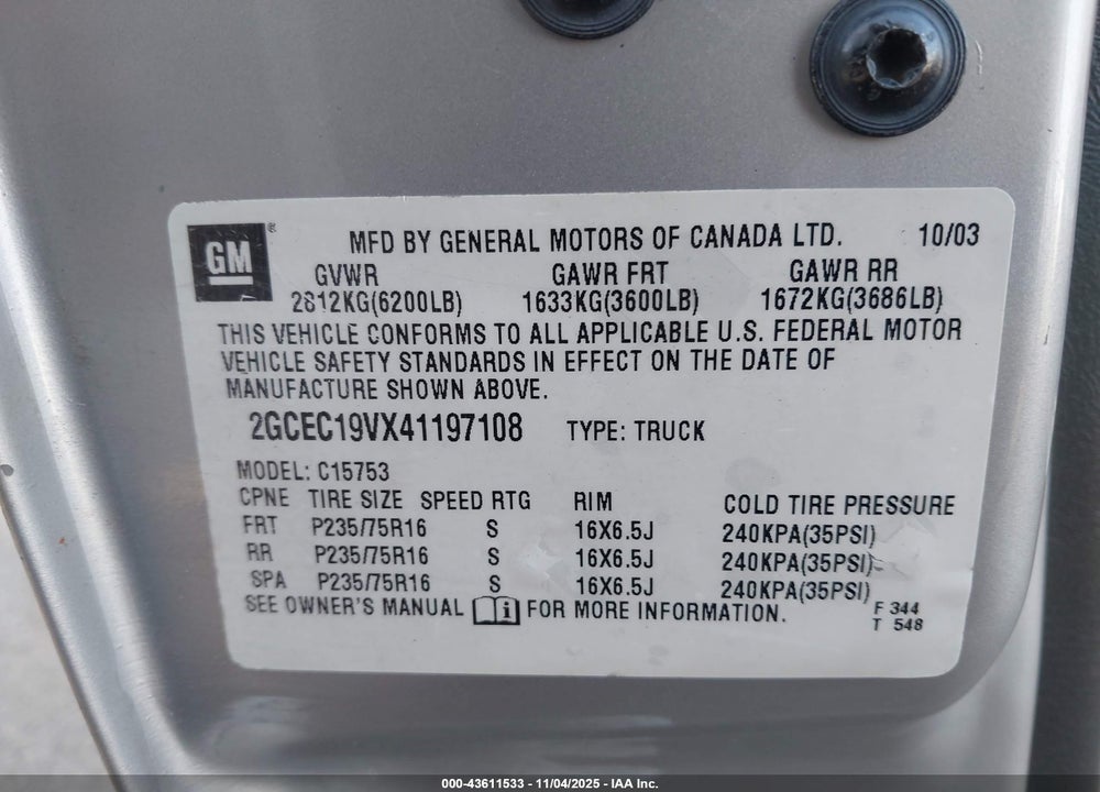 2004 CHEVROLET SILVERADO 1500 LS VIN: 2GCEC19VX41197108