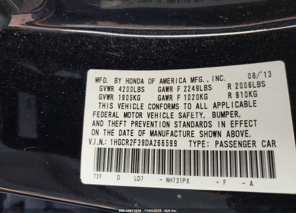 2013 HONDA ACCORD LX VIN: 1HGCR2F39DA266599