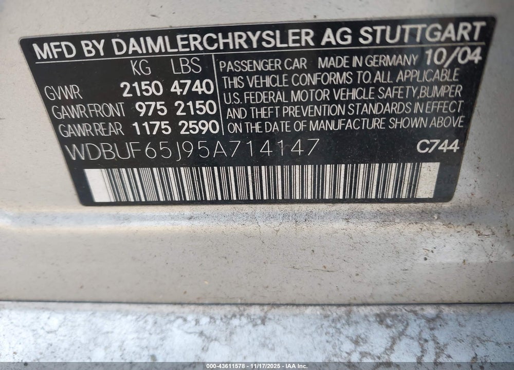 2005 MERCEDES-BENZ E 320 VIN: WDBUF65J95A714147