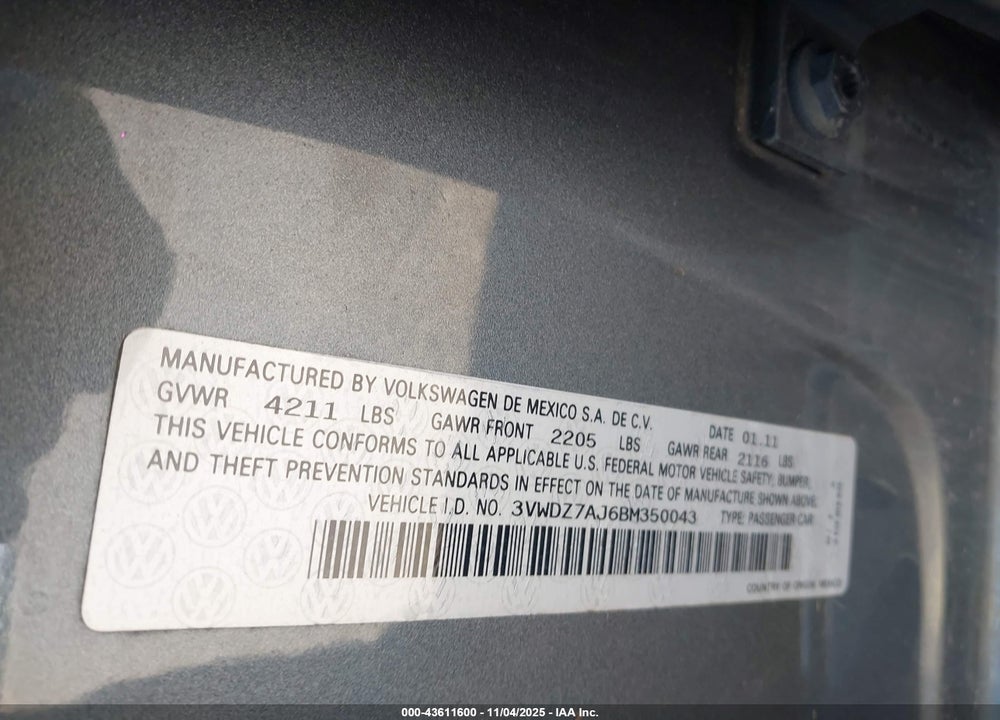 2011 VOLKSWAGEN JETTA 2.5L SE VIN: 3VWDZ7AJ6BM350043