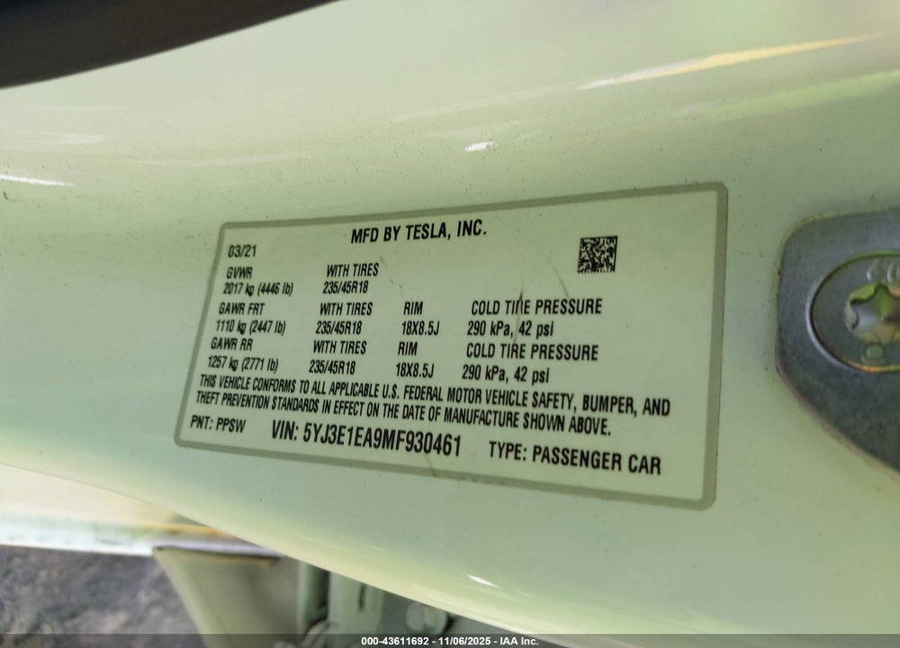2021 TESLA MODEL 3 VIN: 5YJ3E1EA9MF930461