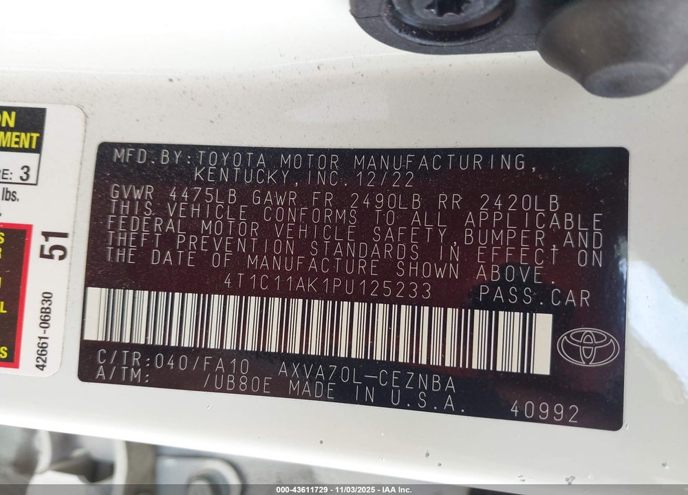 2023 TOYOTA CAMRY LE VIN: 4T1C11AK1PU125233