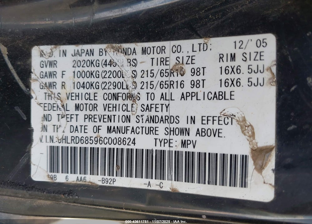 2006 HONDA CR-V LX VIN: JHLRD68596C008624