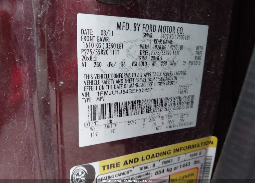 2011 FORD EXPEDITION VIN: 1FMJU1J54BEF32457