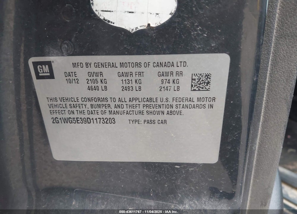 2013 CHEVROLET IMPALA LT VIN: 2G1WG5E39D1173203