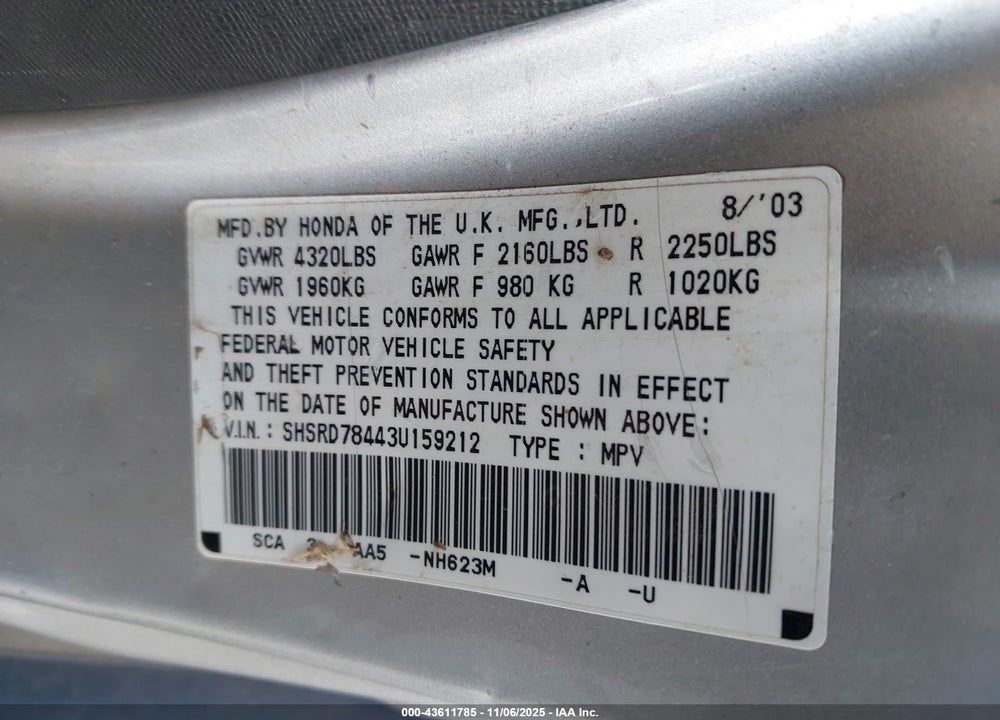 2003 HONDA CR-V LX VIN: SHSRD78443U159212