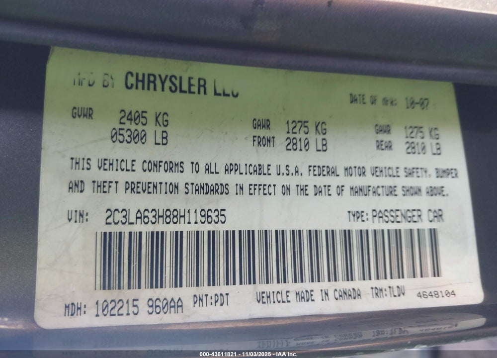 2008 CHRYSLER 300C HEMI VIN: 2C3LA63H88H119635