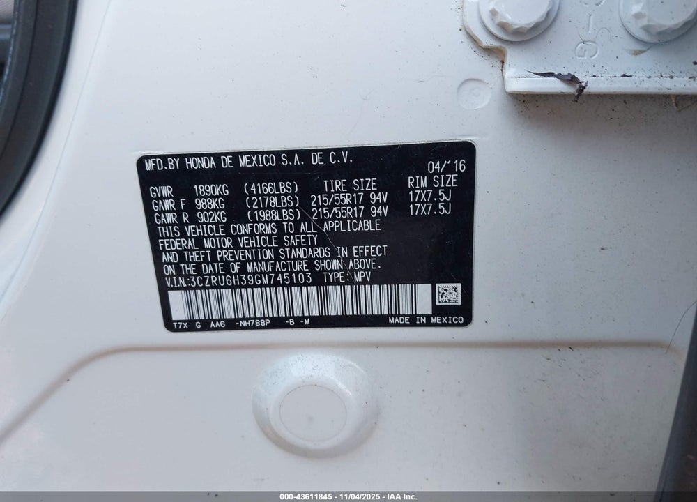2016 HONDA HR-V LX VIN: 3CZRU6H39GM745103