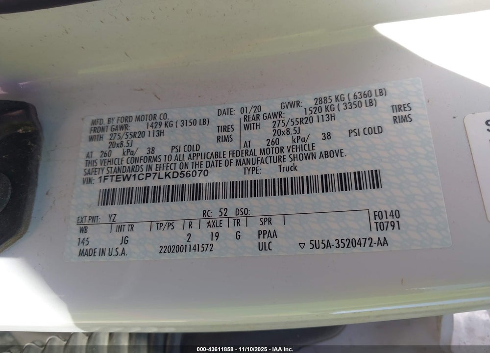 2020 FORD F-150 XL VIN: 1FTEW1CP7LKD56070