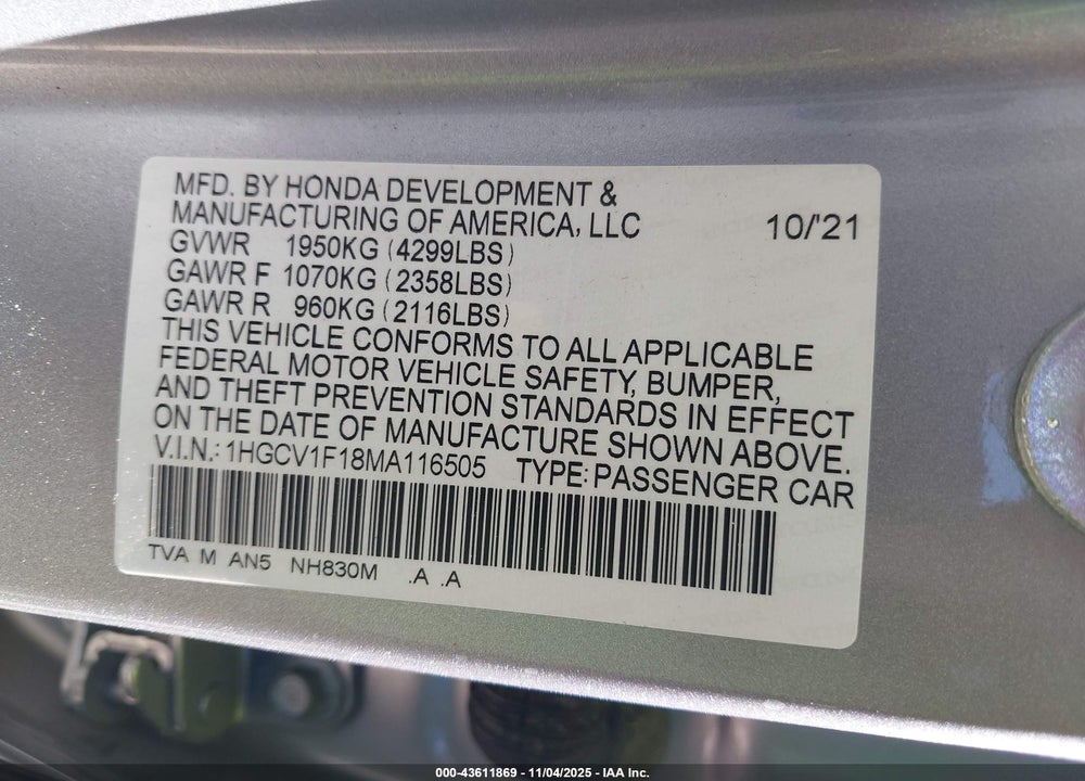 2021 HONDA ACCORD LX VIN: 1HGCV1F18MA116505