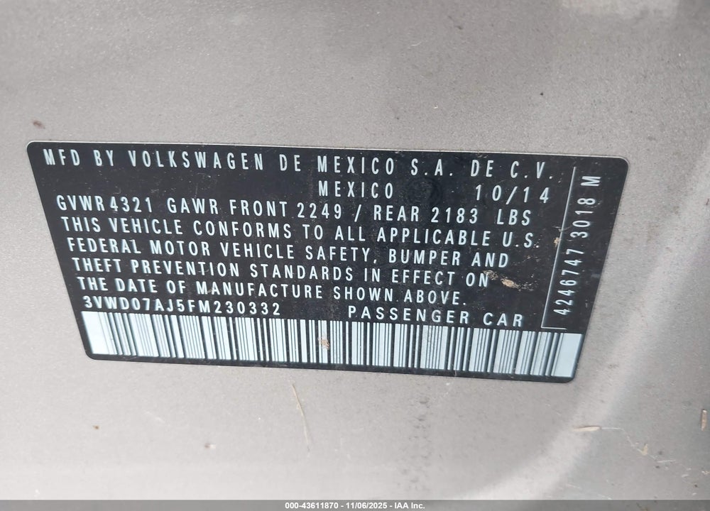 2015 VOLKSWAGEN JETTA VIN: 3VWD07AJ5FM230332