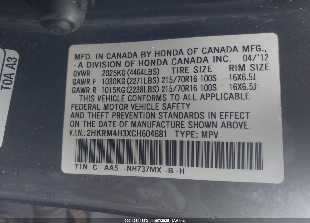 2012 HONDA CR-V LX VIN: 2HKRM4H3XCH604681