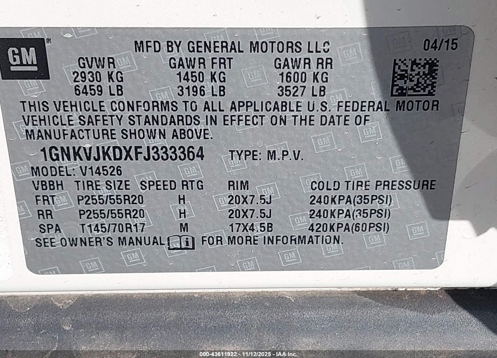 2015 CHEVROLET TRAVERSE LTZ VIN: 1GNKVJKDXFJ333364