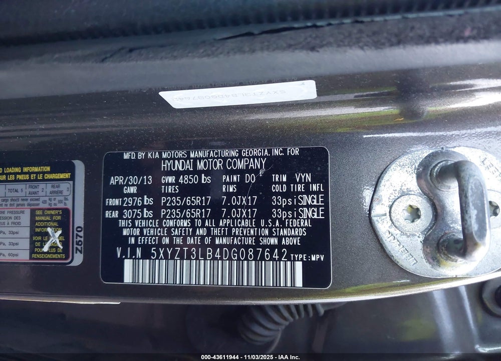 2013 HYUNDAI SANTA FE VIN: 5XYZT3LB4DG087642