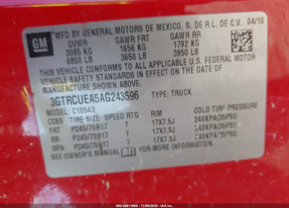 2010 GMC SIERRA 1500 VIN: 3GTRCUEA5AG243596