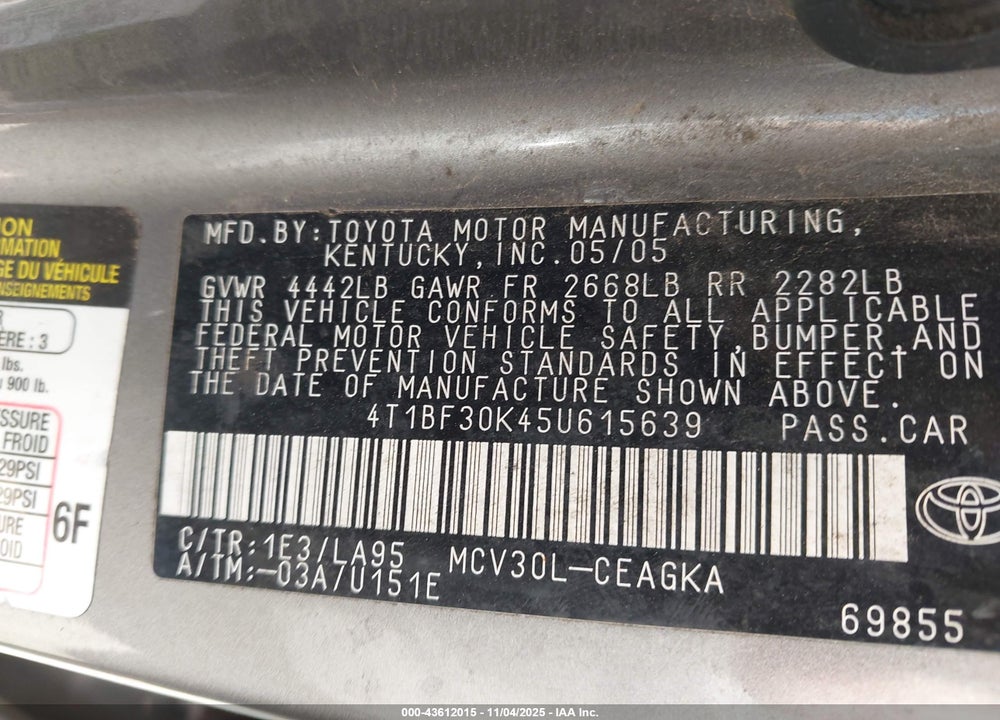 2005 TOYOTA CAMRY XLE V6 VIN: 4T1BF30K45U615639