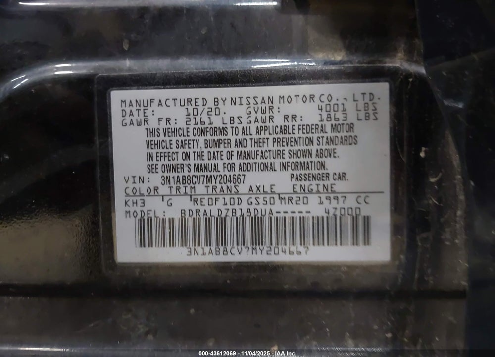 2021 NISSAN SENTRA VIN: 3N1AB8CV7MY204667