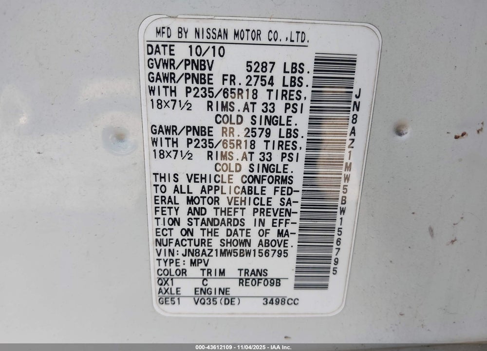 2011 NISSAN MURANO SV VIN: JN8AZ1MW5BW156795