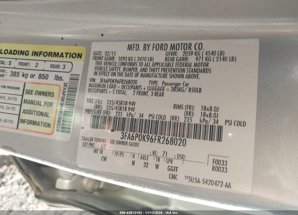 2015 FORD FUSION TITANIUM VIN: 3FA6P0K96FR268020