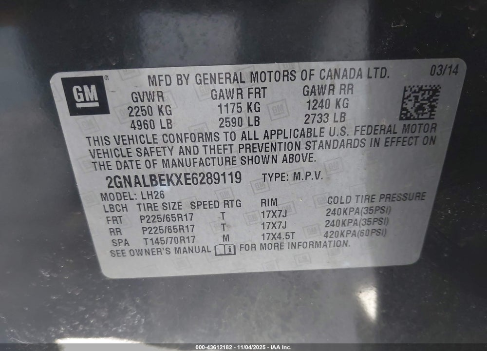2014 CHEVROLET EQUINOX VIN: 2GNALBEKXE6289119