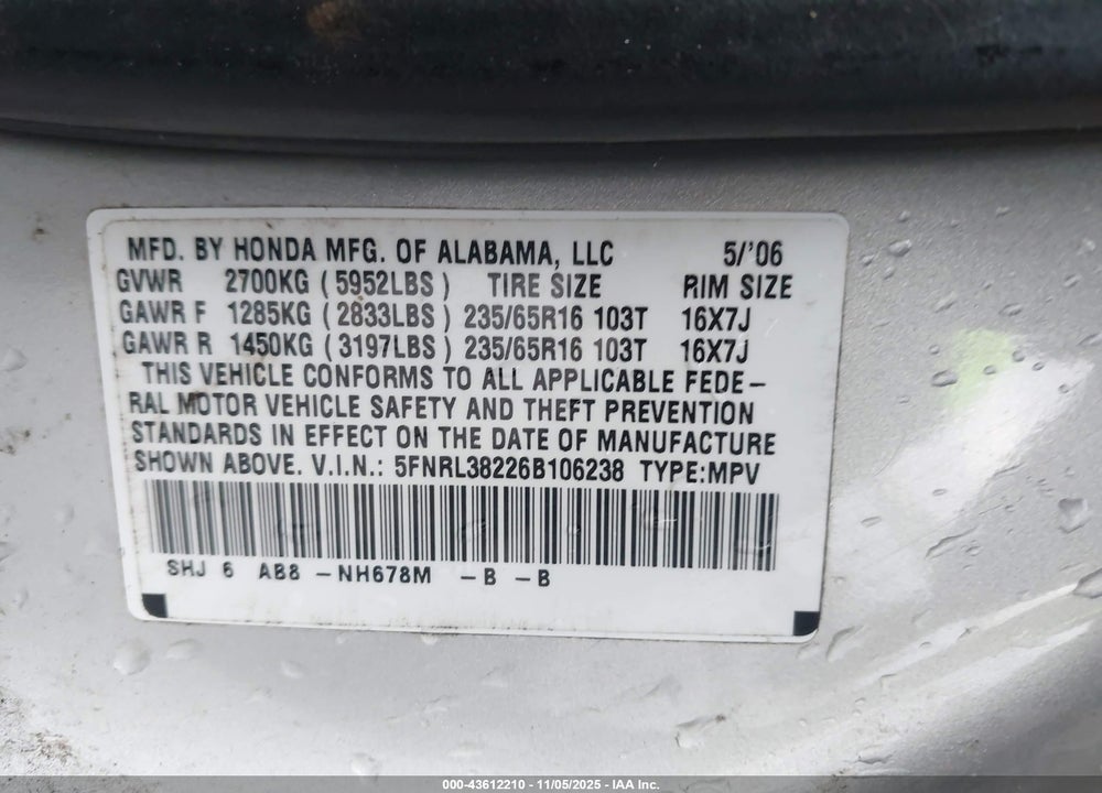 2006 HONDA ODYSSEY LX VIN: 5FNRL38226B106238