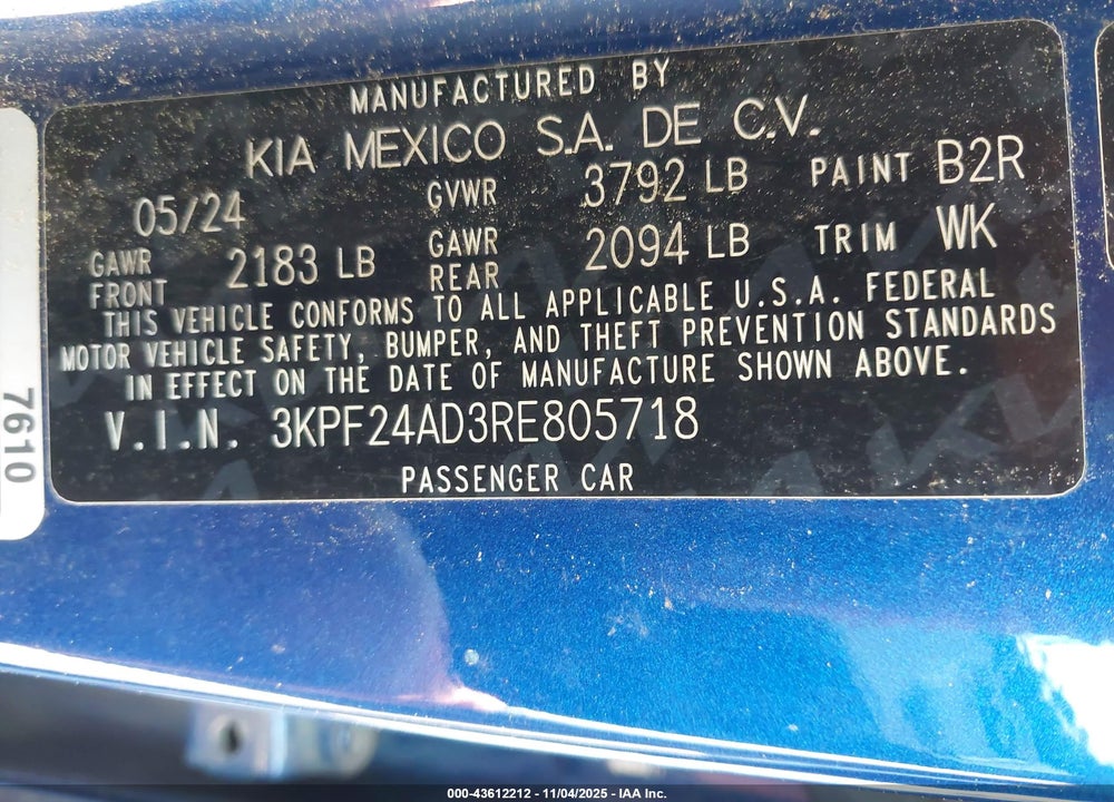 2024 KIA FORTE LXS VIN: 3KPF24AD3RE805718