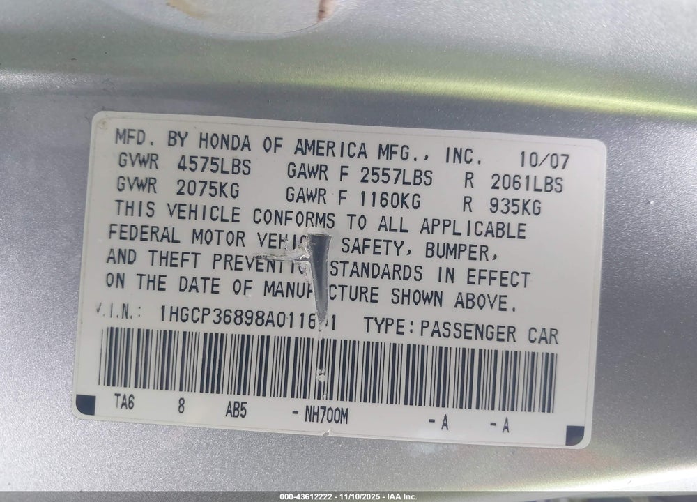 2008 HONDA ACCORD 3.5 EX-L VIN: 1HGCP36898A011691