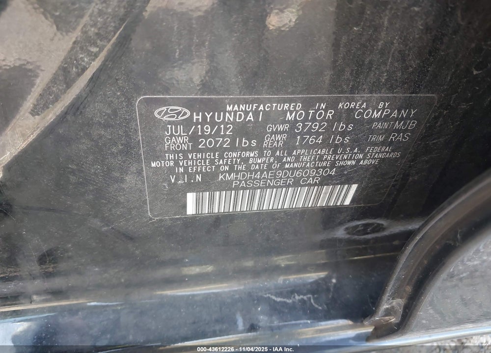 2013 HYUNDAI ELANTRA GLS/LIMITED VIN: KMHDH4AE9DU609304