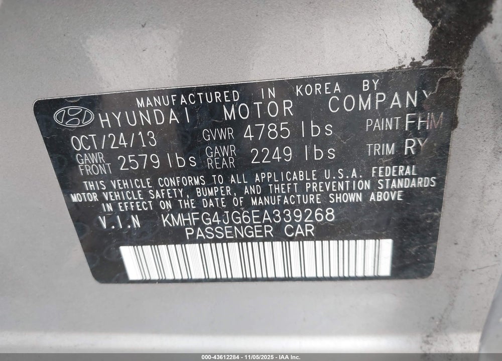 2014 HYUNDAI AZERA VIN: KMHFG4JG6EA339268