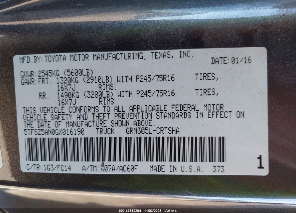 2016 TOYOTA TACOMA SR5 V6 VIN: 5TFSZ5AN0GX016190