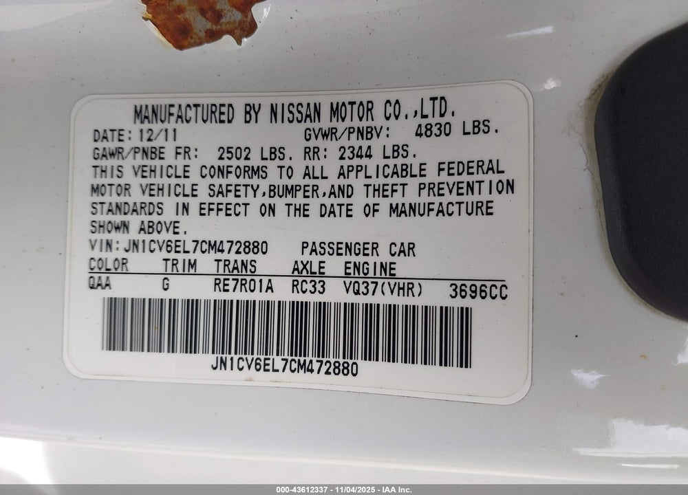 2012 INFINITI G37 VIN: JN1CV6EL7CM472880