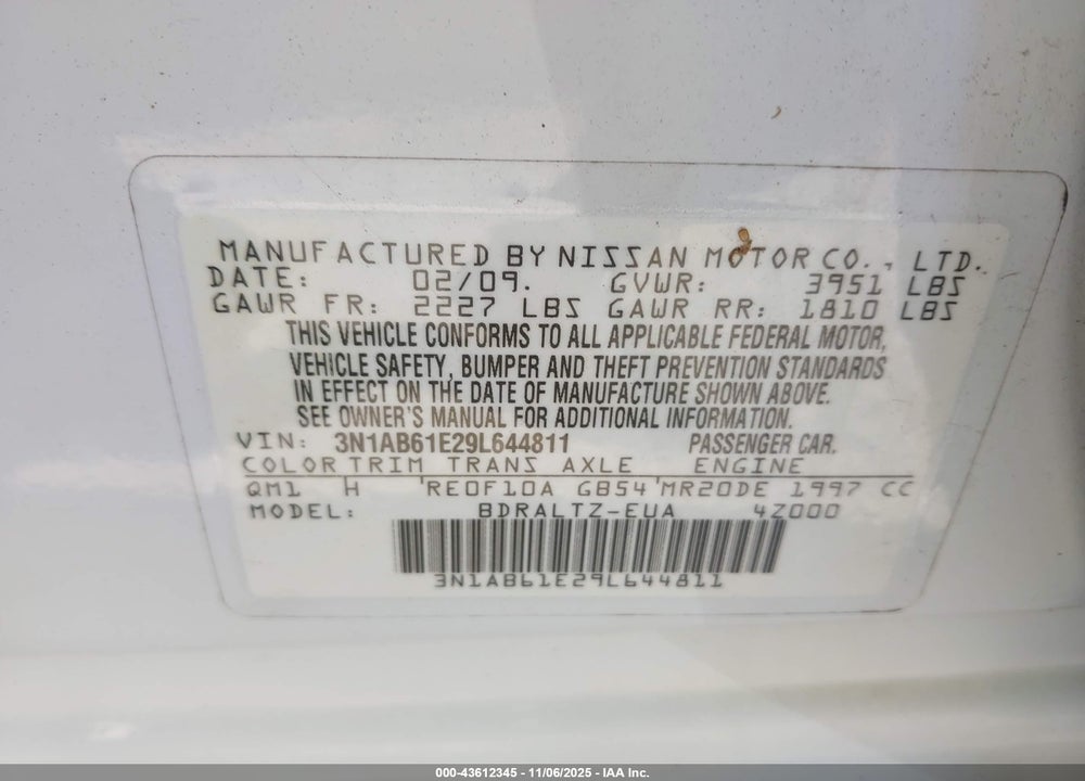 2009 NISSAN SENTRA 2.0S VIN: 3N1AB61E29L644811