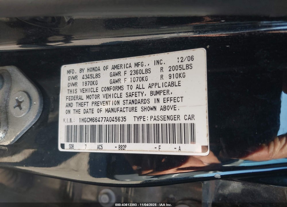 2007 HONDA ACCORD VIN: 1HGCM66477A045635