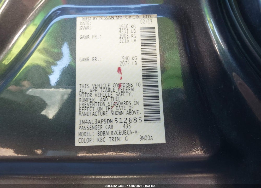 2013 NISSAN ALTIMA VIN: 1N4AL3AP9DN512685