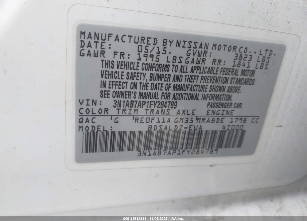 2015 NISSAN SENTRA SV VIN: 3N1AB7AP1FY284789