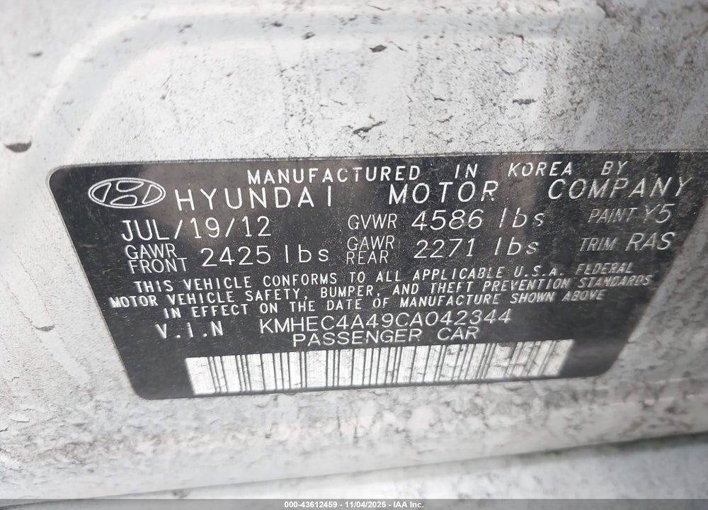 2012 HYUNDAI SONATA HYBRID VIN: KMHEC4A49CA042344