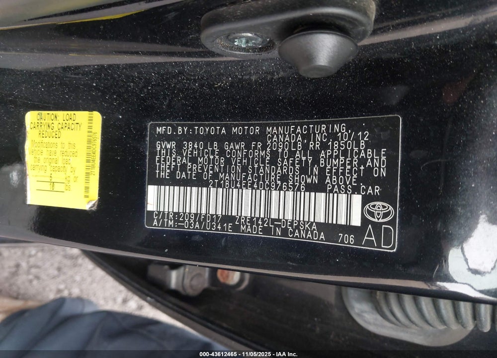 2013 TOYOTA COROLLA S VIN: 2T1BU4EE4DC976576