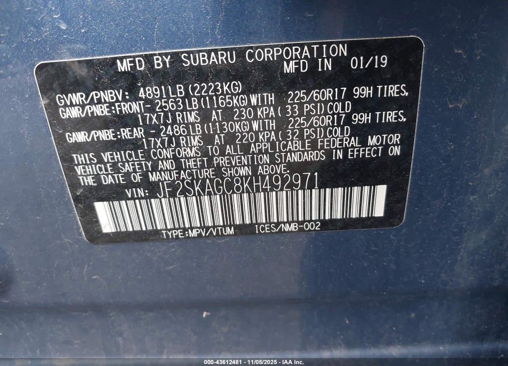 2019 SUBARU FORESTER PREMIUM VIN: JF2SKAGC8KH492971