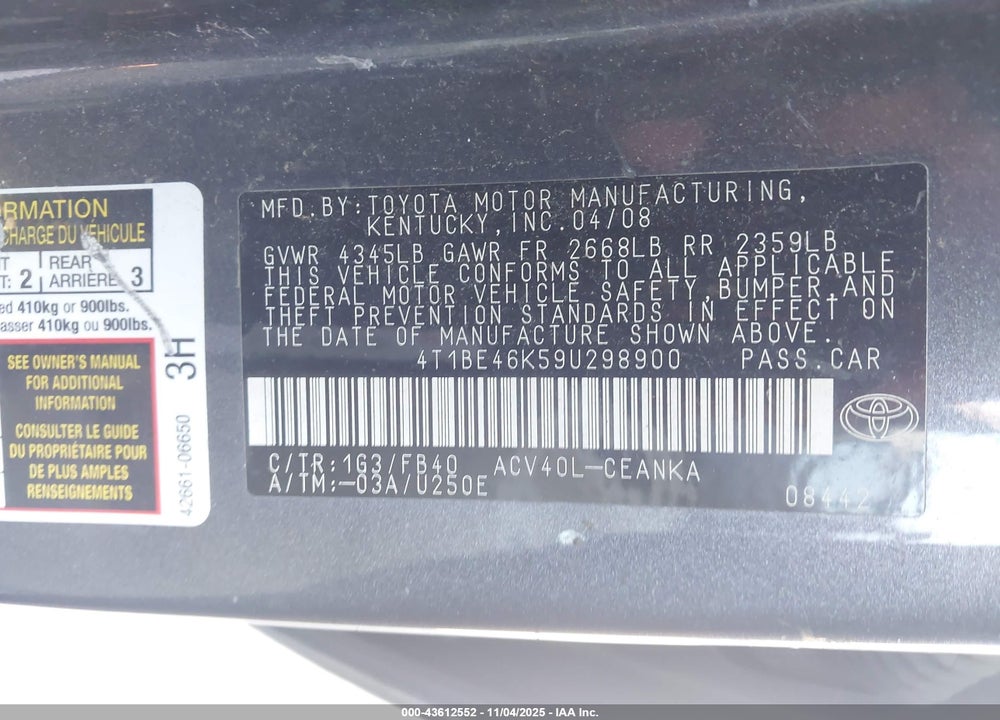 2009 TOYOTA CAMRY LE VIN: 4T1BE46K59U298900