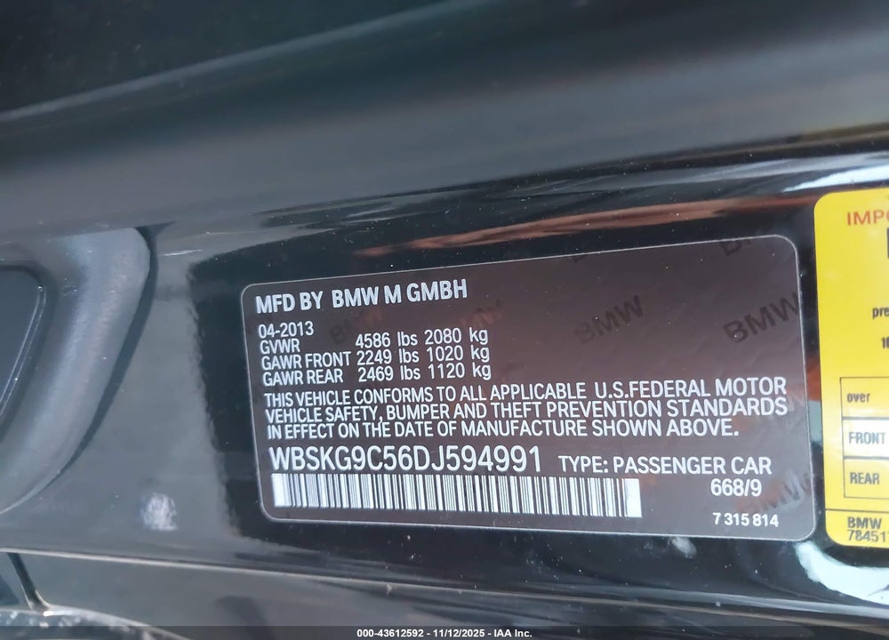 2013 BMW M3 VIN: WBSKG9C56DJ594991