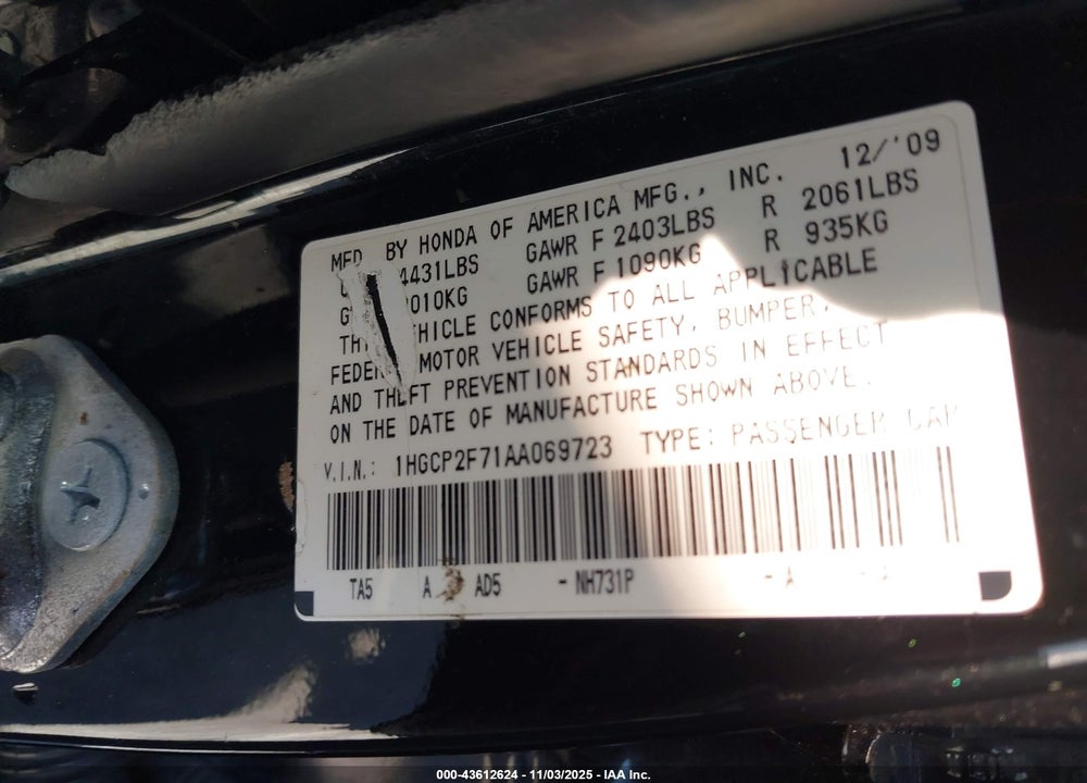 2010 HONDA ACCORD VIN: 1HGCP2F71AA069723