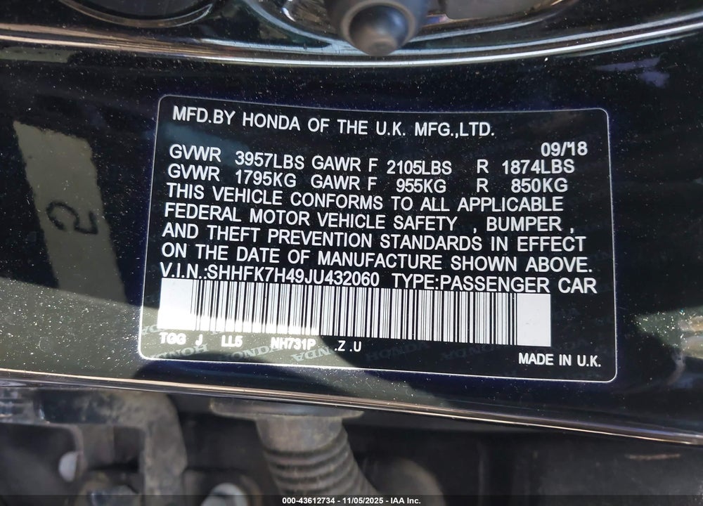 2018 HONDA CIVIC SPORT VIN: SHHFK7H49JU432060