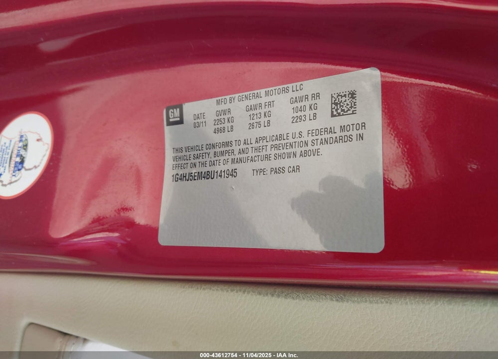 2011 BUICK LUCERNE CXL PREMIUM VIN: 1G4HJ5EM4BU141945