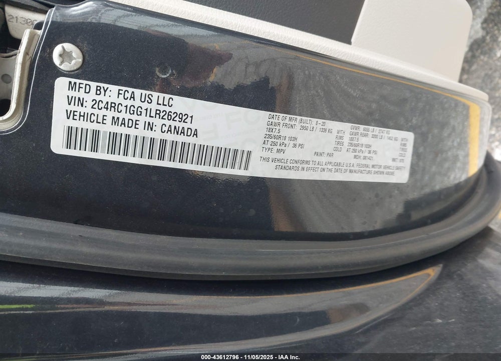 2020 CHRYSLER PACIFICA LIMITED VIN: 2C4RC1GG1LR262921