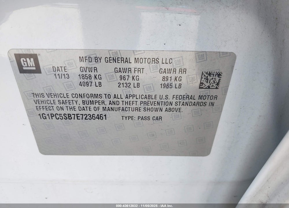 2014 CHEVROLET CRUZE VIN: 1G1PC5SB7E7236461